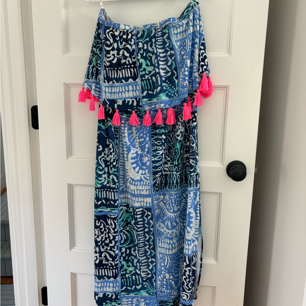 Lily Pulitzer Meridian Midi Deep Indigo,  Leied  back, strapless